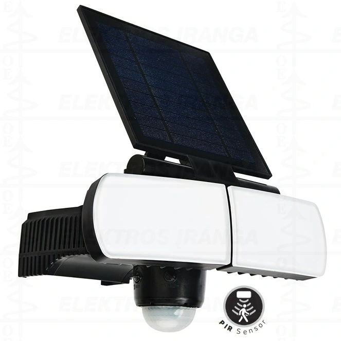 ARMOR-8 8W BL 6400K 3.7V LED autonominis sieninis šviestuvas su Li-ion 3000 mAh akumuliatoriais ir pasukama saulės PV baterija su PIR judesio jutikliu