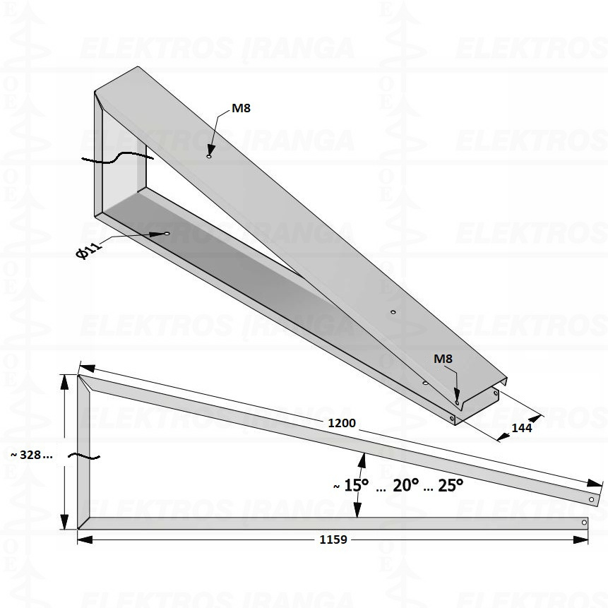 Konstrukcijos detalė ant plokščio stogo saulės panelėms, trikampis 15˚ (20˚, 25˚), cinkuotas plienas 1mm (be 12116-LT x2, 20022-LT) sujungtas varžtais