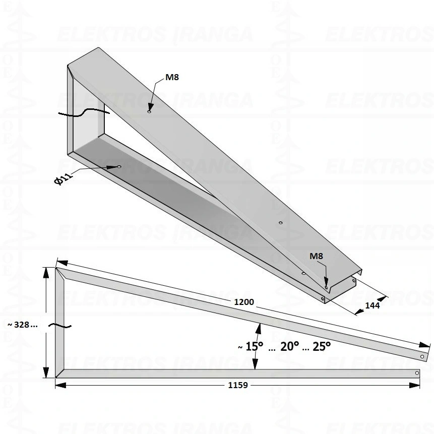 Konstrukcijos detalė ant plokščio stogo saulės panelėms, trikampis 15˚ (20˚, 25˚), cinkuotas plienas 1mm (be 429-LT ir be 20022-LT) sujungtas varžtais