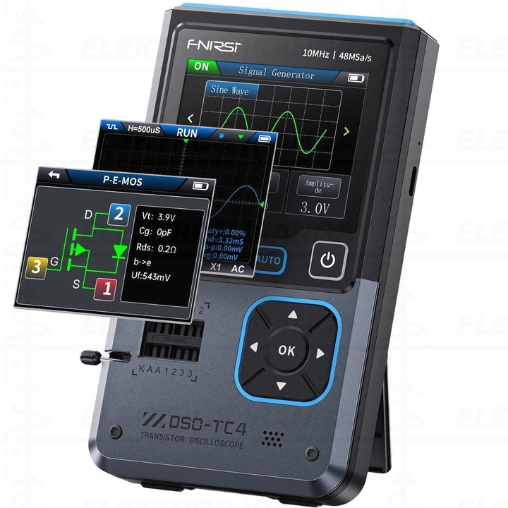 Testeris / Osciloskopas 1CH 2.8" 3-IN-1 10MHz su DDS generatorium, komponentų atpažinimas: diode, Zener, SCR, capacitor, resistor, inductor, transistor, MOSFET ..