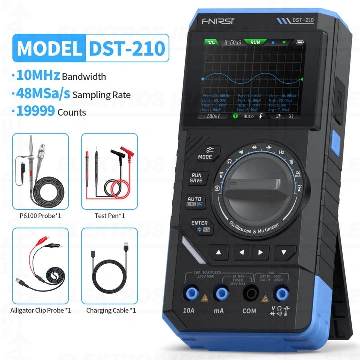 Multimetras / Osciloskopas 1CH 2.8" 3-IN-1 10MHz su DDS generatorium, integruotas multimetras V, 10A ac/dc, Ohm, mkF, Hz, Diode, Continuity, Temp, NCV