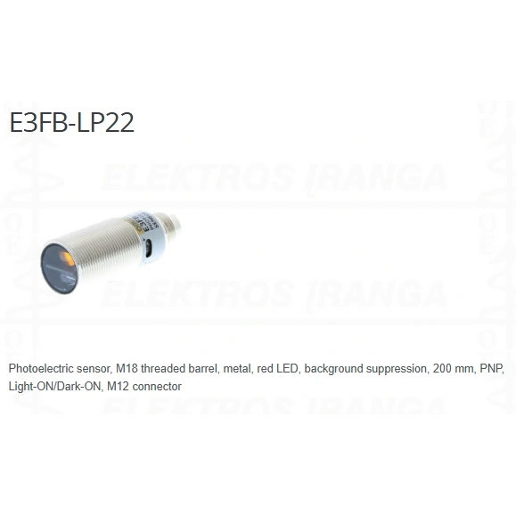 E3FB-LP22 Fotojutiklis, difuzinis 200mm BGS,raud. LED, M18 metalinis, 24VDC PNP, L-ON/D-ON, M12 jungtis