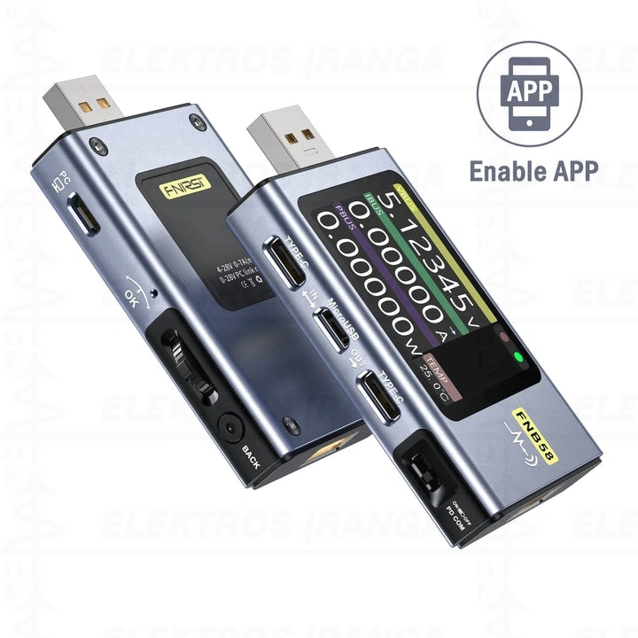 USB Protokolo ir greito įkrovimo funkcijos testeris su Bluetooth V, A, Ah, W, Wh, Ohm, Temp, grafikas