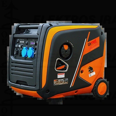 1 Fazis benzininis generatorius INVERTERINIS su ratukais ir rankena, maksimali galia 5kVA. 19A Vardinė galia 4,4kVA 230V 50Hz Cos0,8, starteris ir rankinis paleidimas su garso slopinimu dB(A) ≤62