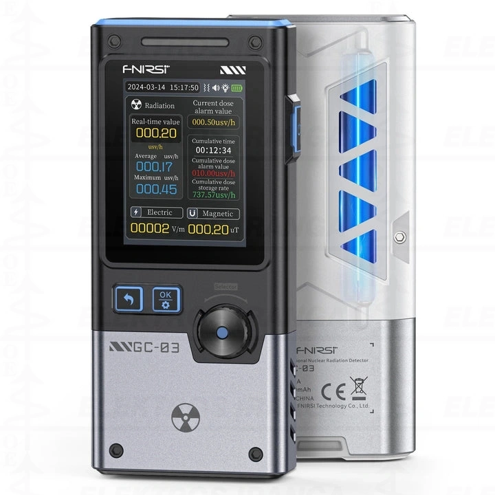 Geiger Counter skaitiklis, skirtas X, ß , Y, EF, RF spinduliuotės dozei matuoti ir signalizuoti pavojaus signalą, matavimo grafikas. Įkraunamas per USB-C jungtį.