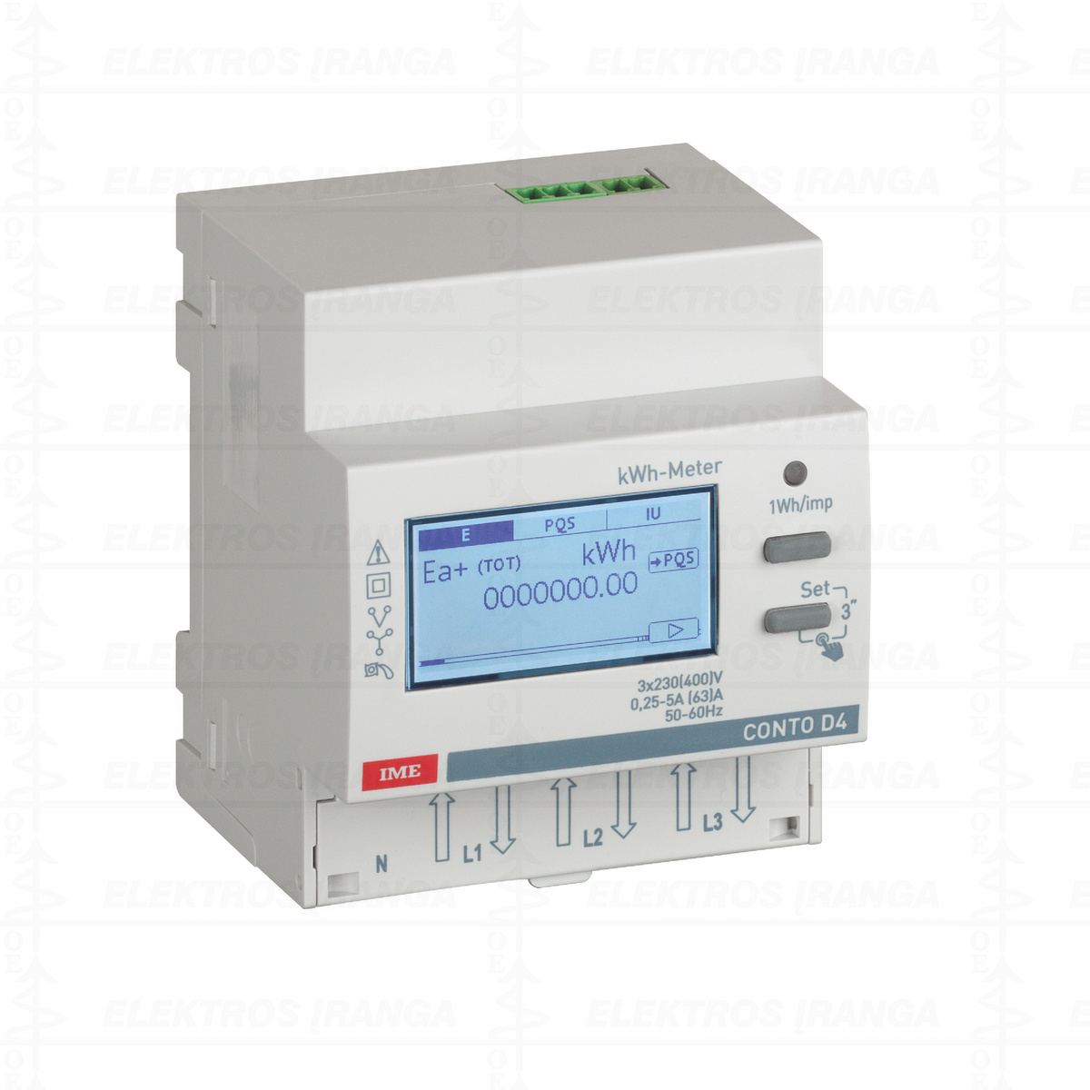 Elektros energijos skaitiklis / analizatorius 4mod. 3F+N 63A 400VAC 2 tarifų IMP out kWh, kVArh, V, I, Hz, VA, PF, h:min
