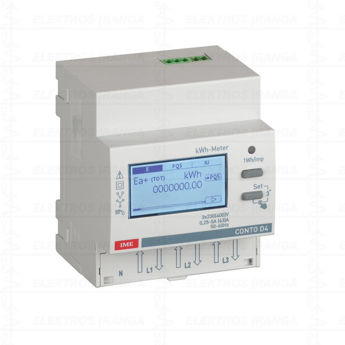 Elektros energijos skaitiklis / analizatorius 4mod. 3F+N 63A 400VAC 2 tarifų RS485 ModBus, kWh, kVArh, V, I, Hz, VA, PF, h:min