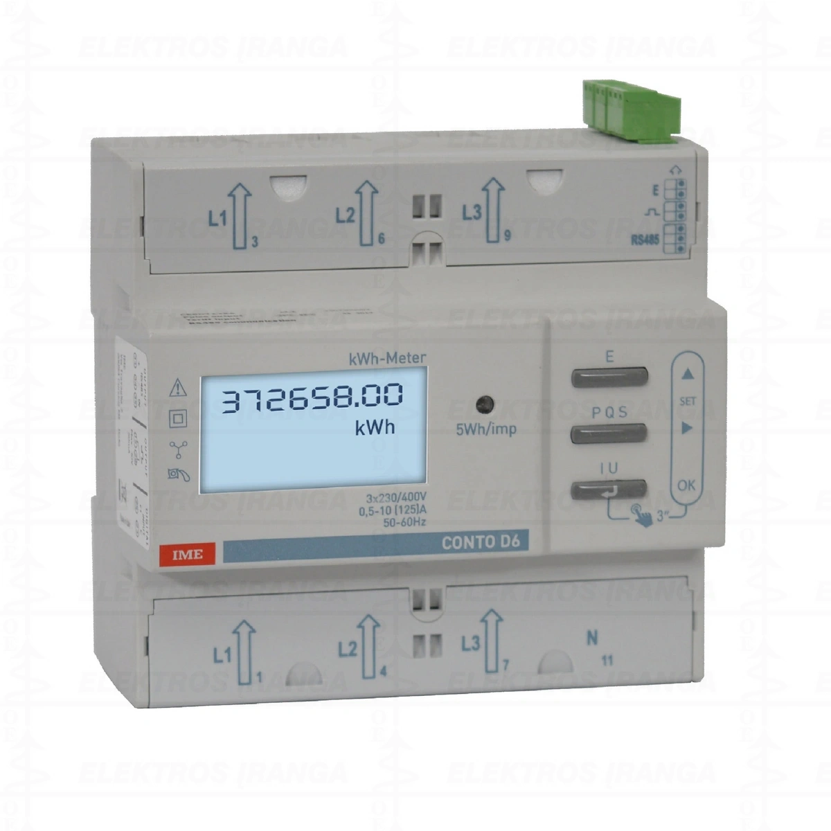 Elektros energijos skaitiklis / analizatorius 6mod. 3F+N 125A 400VAC IMP out, RS485 ModBus, kWh, kVArh, V, I, Hz, VA, PF, h:min