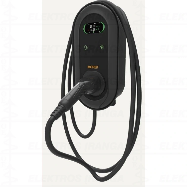 MOREK EV 22 kW automobilio įkrovimo stotelė, 3.8" LCD ekranas, LAN, WiFi, RFID, 6,5 m kabelis ir Type 2 kištukas su DIM Dinaminio valdymo galimybe