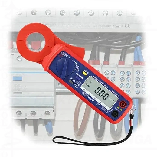 Srovės nuotėkio matavimo replės 10mkA..100mA AC, srovė 0..100A AC, V AC, Ohm, Continuity. Izoliacijos pažeidimų aptikimui veikiančiuose įrenginiuose.