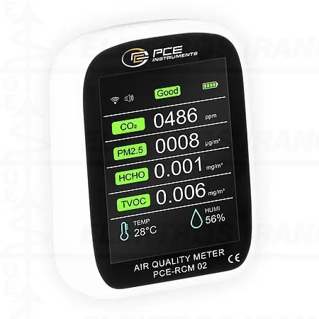 PCE-RCM 02 oro kokybės, aerzolių, dulkėtumo, CO2, formadehidų, TVOC, temperatūros, drėgmės matavimo prietaisas. WiFi, Android APP, USB-C baterijos įkrovimui