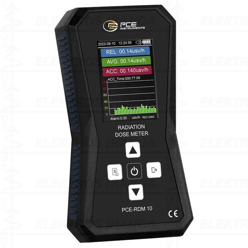 Geiger Counter Radioactivity Data Logger PCE-RDM 10 skaitiklis, skirtas X, ß ir y spinduliuotės radiacijos dozei matuoti, įrašyti į atmintį ir signalizuoti pavojaus signalą. Su OLED ekranėliu. Įkraunamas per USB-C jungtį.