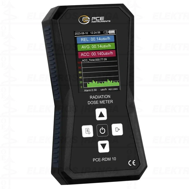 Geiger Counter Radioactivity Data Logger PCE-RDM 10 skaitiklis, skirtas X, ß ir y spinduliuotės radiacijos dozei matuoti, įrašyti į atmintį ir signalizuoti pavojaus signalą. Su OLED ekranėliu. Įkraunamas per USB-C jungtį.
