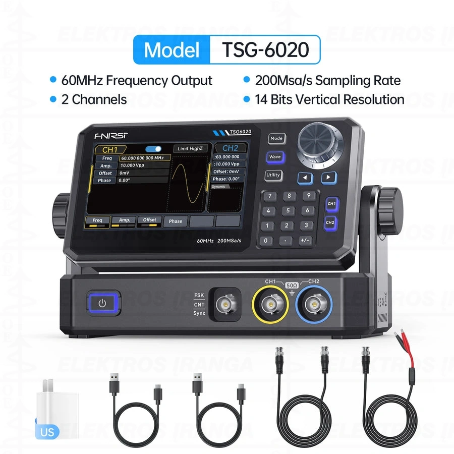 Stalinis DDS 2CH 200MSa/s 60MHz 14-bit funkcinis signalų generatorius, moduliacijų tipai AM/FM/PM/FSK/ASK/PSK, touch 4.3" TFT-LCD ekranas, įkraunama per USB-C jungtį