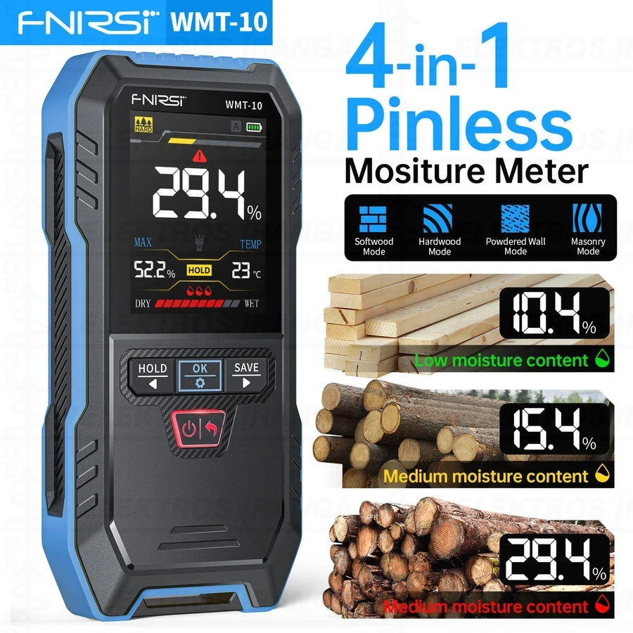 Bekontaktis indukcinis medienos ir sienų drėgmės matuoklis higrometras / temperatūra / prožektorius
